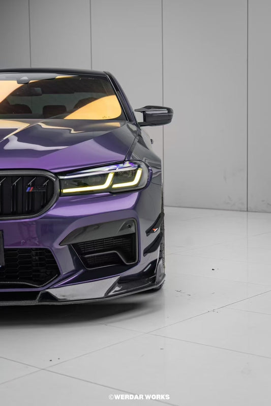 BMW M5 / M5C F90 Pre-LCI 2018 2019 2020 & M5 / M5C F90 LCI 2021 2022 2023 2024 With Aftermarket Parts - AE Lower Lip & Middle Lip Carbon Fiber from ArmorExtend