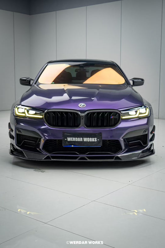 BMW M5 / M5C F90 Pre-LCI 2018 2019 2020 & M5 / M5C F90 LCI 2021 2022 2023 2024 With Aftermarket Parts - AE Lower Lip & Middle Lip Carbon Fiber from ArmorExtend
