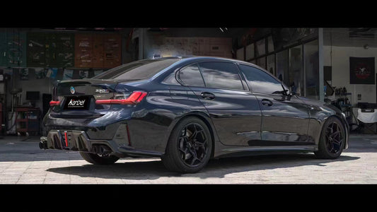 BMW 3 Series 330i (with M-package bumper, does not fit base model) M340i G20 G21 LCI 2023 2024 with Aftermarket Parts - V2 Style Diffuser & Canards Pre-preg Carbon Fiber from Karbel Carbon