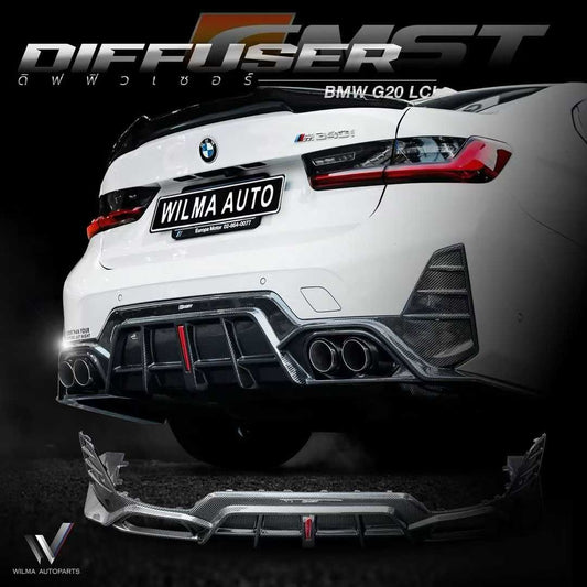 BMW 3 Series 330i M340i G20 G21 LCI 2023 2024 (fitment for 330i requires M-Sport package bumper) with Aftermarket Parts - Rear Diffuser Pre-preg Carbon Fiber / FRP from CMST Tuning