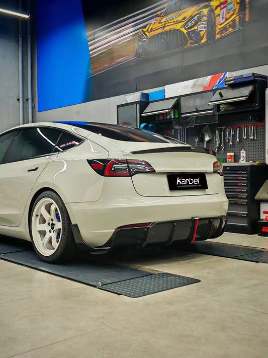 Tesla Model 3/P 2017-2023 with Aftermarket Parts - Rear Spoiler Pre-preg Carbon Fiber from Karbel Carbon