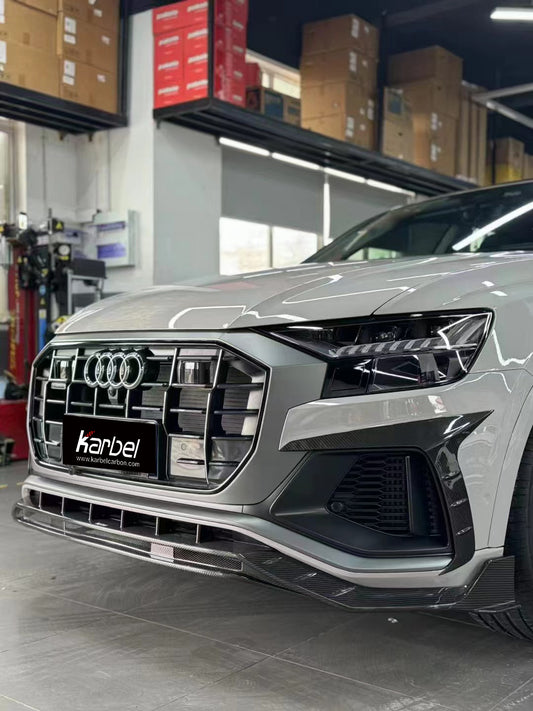 Audi SQ8 Q8 (with s-line bumper) Pre-facelift 2019 2020 2021 2022 2023 with Aftermarket Parts - Front Lip Pre-preg Carbon Fiber from Karbel Carbon