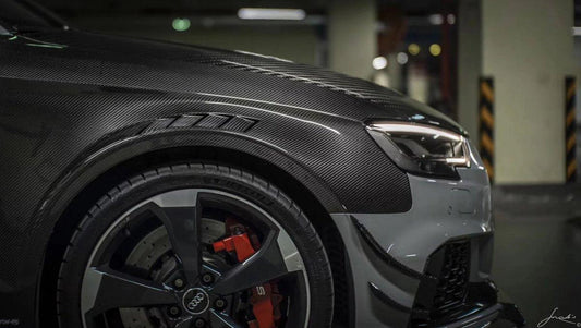 Audi S3 A3 8V.5 2015 2016 2017 2018 2019 2020 & RS3 8V.5 2018 2019 2020 With Aftermarket Parts - Front Fenders Pre-preg Carbon Fiber from Karbel Carbon