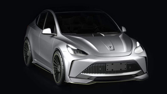 Tesla Model Y Performance AWD Long Range RWD Standard 2020 2021 2023 2024 with Aftermarket Parts - "STARSHIP" Stage 1 Corner Lip (2 pcs) & Stage 2 Corner Lip (4 pcs) & Front Bumper Carbon Fiber from Robot Craftsman