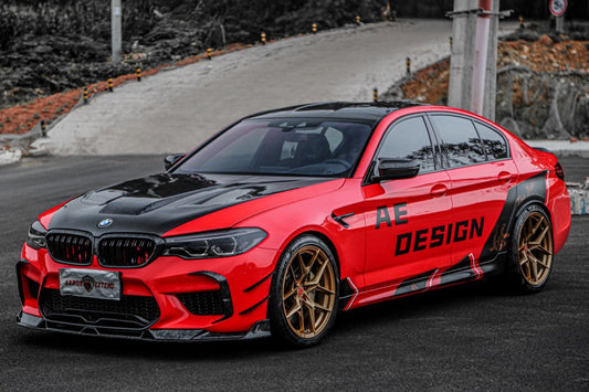BMW M5 / M5C F90 Pre-LCI 2018 2019 2020 & M5 / M5C F90 LCI 2021 2022 2023 2024 With Aftermarket Parts - AE Lower Lip & Middle Lip Carbon Fiber from ArmorExtend