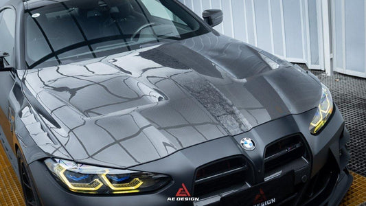 BMW M3 G80 G81 & M4 G82 G83 2021 2022 2023 2024 with Aftermarket Parts - AE Style Hood Carbon Fiber from ArmorExtend