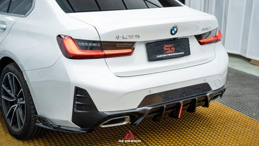 BMW 3 Series 330i (With M-Package Bumper, does not fit base model) M340i LCI G20 G21 2023 2024 with Aftermarket Parts - AE V1 Style Rear Diffuser & Canards Carbon Fiber from ArmorExtend