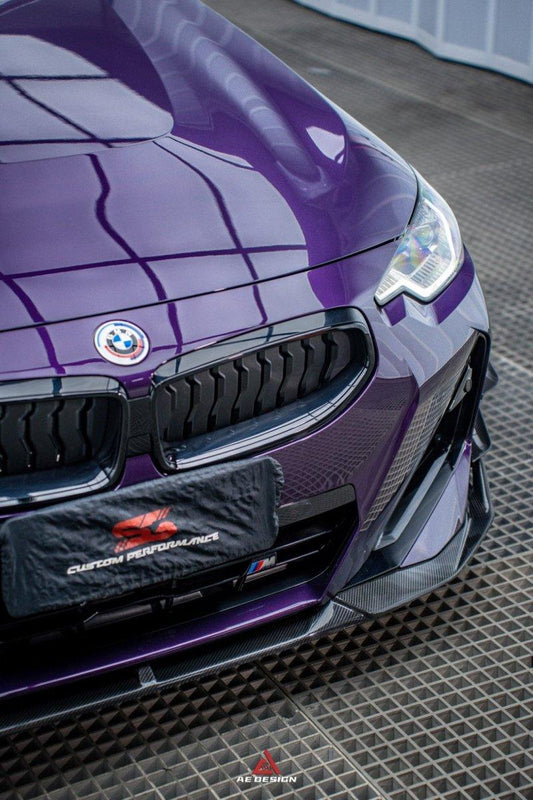 BMW 2 Series G42 230i (With M-Package Bumper) M240i 2022 2023 2024 with Aftermarket Parts - AE Style Front Lip Pre-preg Carbon Fiber from ArmorExtend