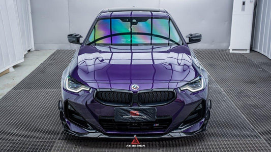 BMW 2 Series G42 230i (With M-Package Bumper) M240i 2022 2023 2024 with Aftermarket Parts - AE Style Front Lip Pre-preg Carbon Fiber from ArmorExtend