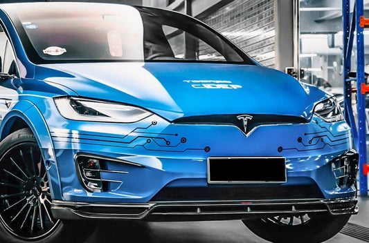 Tesla Model X P100D 100D 90D 75D 60D Performance Long Range Base 2016-2021 with Aftermarket Parts - Front Lip Splitter Carbon Fiber / FRP from CMST Tuning