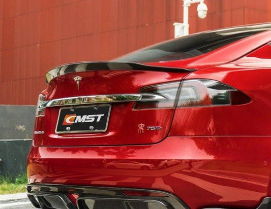 Tesla Model S 1st & 2nd Gen 2012-early 2021 with Aftermarket Parts - Rear Duck Bill Tail Spoiler Carbon Fiber / FRP from CMST Tuning