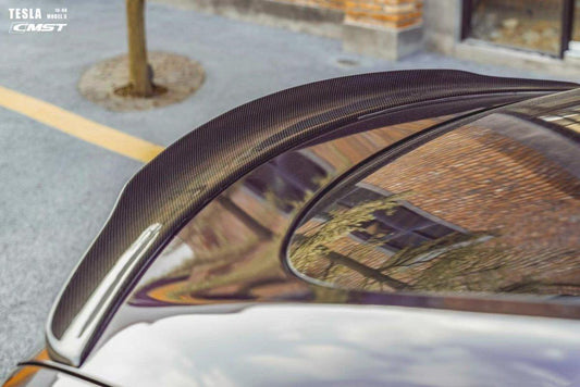 Tesla Model S 1st & 2nd Gen 2012-early 2021 with Aftermarket Parts - Rear Duck Bill Tail Spoiler Carbon Fiber / FRP from CMST Tuning