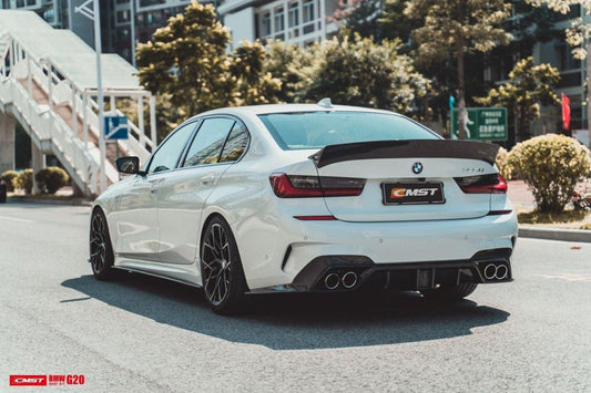 BMW 3 Series 330i M340i G20 G28 Pre-LCI 2020-2022 & 3 Series 330i M340i G20 G28 LCI 2023-ON & M3 G80 2021-ON with Aftermarket Parts - Vacuumed Carbon & FRP Rear Duck Bill Tail Spoiler from CMST Tuning