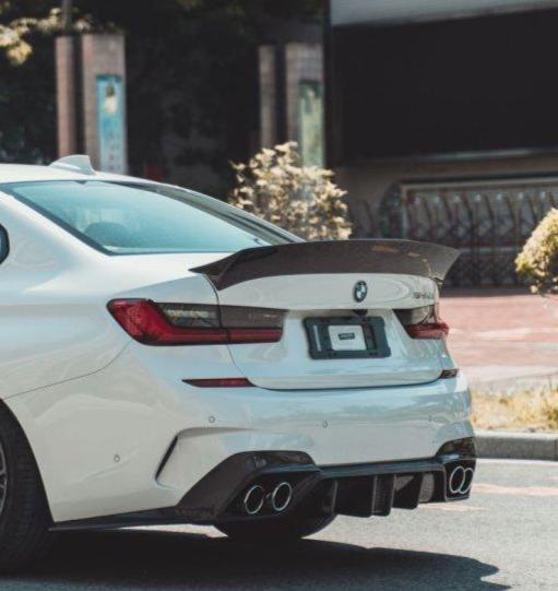 BMW 3 Series 330i M340i G20 G28 Pre-LCI 2020-2022 & 3 Series 330i M340i G20 G28 LCI 2023-ON & M3 G80 2021-ON with Aftermarket Parts - Vacuumed Carbon & FRP Rear Duck Bill Tail Spoiler from CMST Tuning