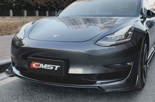 Tesla Model 3 Performance Long Range Standard Base 2017-2023 with Aftermarket Parts - V1 Style Front Lip Splitter Carbon Fiber / FRP from CMST Tuning