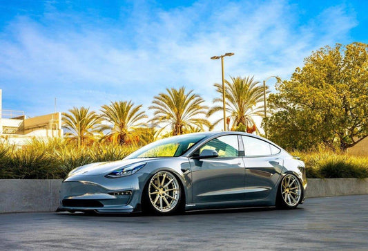 Tesla Model 3 Performance Long Range Standard Base 2017-2023 with Aftermarket Parts - V1 Style Front Lip Splitter Carbon Fiber / FRP from CMST Tuning