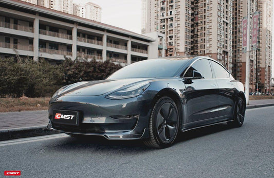 Tesla Model 3 Performance Long Range Standard Base 2017-2023 with Aftermarket Parts - V1 Style Front Lip Splitter Carbon Fiber / FRP from CMST Tuning