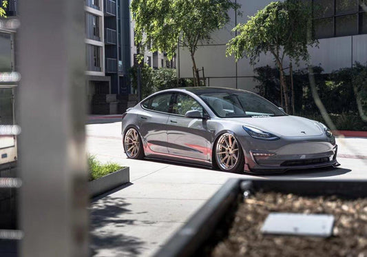 Tesla Model 3 Performance Long Range Standard Base 2017-2023 with Aftermarket Parts - V1 Style Front Lip Splitter Carbon Fiber / FRP from CMST Tuning