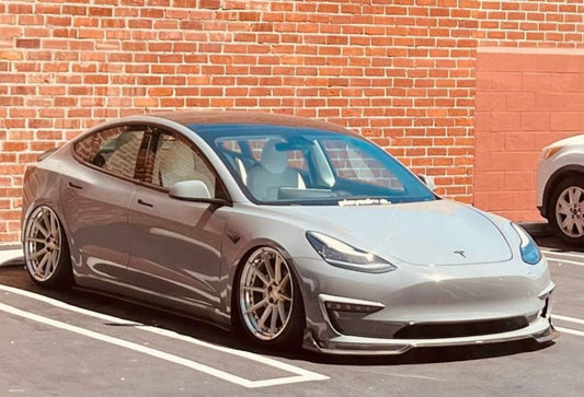 Tesla Model 3 Performance Long Range Standard Base 2017-2023 with Aftermarket Parts - V1 Style Front Lip Splitter Carbon Fiber / FRP from CMST Tuning