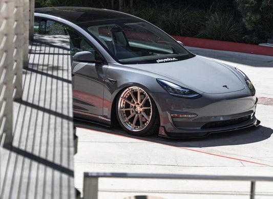 Tesla Model 3 Performance Long Range Standard Base 2017-2023 with Aftermarket Parts - V1 Style Front Lip Splitter Carbon Fiber / FRP from CMST Tuning
