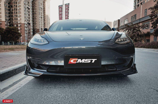 Tesla Model 3 Performance Long Range Standard Base 2017-2023 with Aftermarket Parts - V1 Style Front Lip Splitter Carbon Fiber / FRP from CMST Tuning