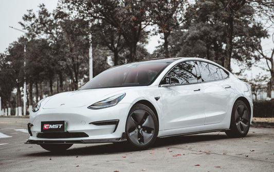 Tesla Model 3 Performance Long Range Standard Base 2017-2023 with Aftermarket Parts - V2 Style Front Lip Splitter Carbon Fiber / FRP from CMST Tuning