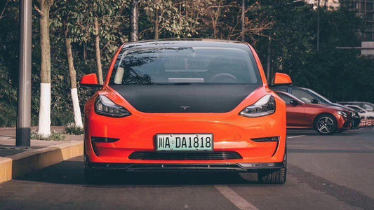 Tesla Model 3 Performance Long Range Standard Base 2017-2023 with Aftermarket Parts - V2 Style Front Lip Splitter Carbon Fiber / FRP from CMST Tuning