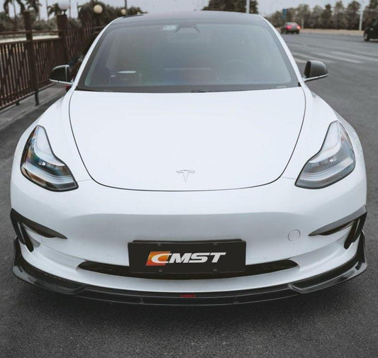 Tesla Model 3 Performance Long Range Standard Base 2017-2023 with Aftermarket Parts - V2 Style Front Lip Splitter Carbon Fiber / FRP from CMST Tuning
