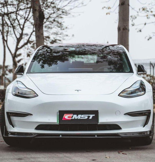 Tesla Model 3 Performance Long Range Standard Base 2017-2023 with Aftermarket Parts - V2 Style Front Lip Splitter Carbon Fiber / FRP from CMST Tuning