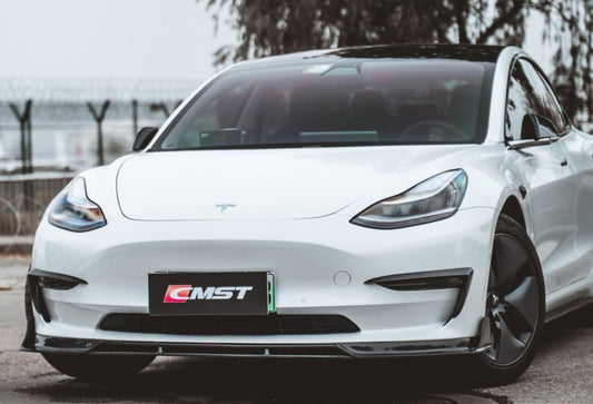 Tesla Model 3 Performance Long Range Standard Base 2017-2023 with Aftermarket Parts - V2 Style Front Lip Splitter Carbon Fiber / FRP from CMST Tuning