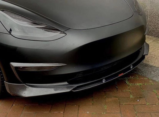 Tesla Model 3 Performance Long Range Standard Base 2017-2023 with Aftermarket Parts - V3 Style Front Lip Splitter Carbon Fiber / FRP from CMST Tuning