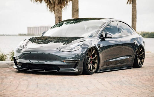 Tesla Model 3 Performance Long Range Standard Base 2017-2023 with Aftermarket Parts - V3 Style Front Lip Splitter Carbon Fiber / FRP from CMST Tuning