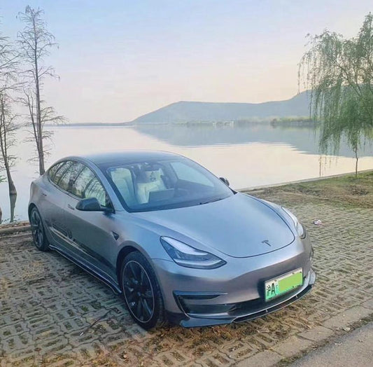 Tesla Model 3 Performance Long Range Standard Base 2017-2023 with Aftermarket Parts - V3 Style Front Lip Splitter Carbon Fiber / FRP from CMST Tuning