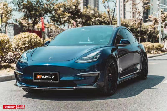 Tesla Model 3 Performance Long Range Standard Base 2017-2023 with Aftermarket Parts - V3 Style Front Lip Splitter Carbon Fiber / FRP from CMST Tuning