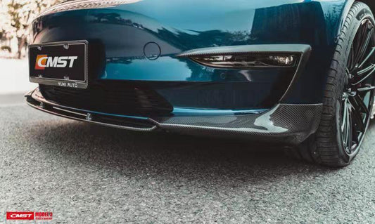 Tesla Model 3 Performance Long Range Standard Base 2017-2023 with Aftermarket Parts - V3 Style Front Lip Splitter Carbon Fiber / FRP from CMST Tuning