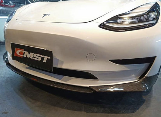 Tesla Model 3 Performance Long Range Standard Base 2017-2023 with Aftermarket Parts - V3 Style Front Lip Splitter Carbon Fiber / FRP from CMST Tuning