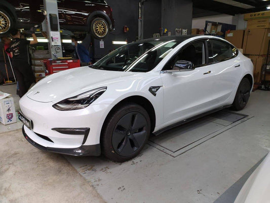 Tesla Model 3 Performance Long Range Standard Base 2017-2023 with Aftermarket Parts - V3 Style Front Lip Splitter Carbon Fiber / FRP from CMST Tuning