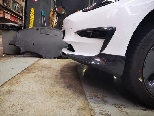 Tesla Model 3 Performance Long Range Standard Base 2017-2023 with Aftermarket Parts - V3 Style Front Lip Splitter Carbon Fiber / FRP from CMST Tuning