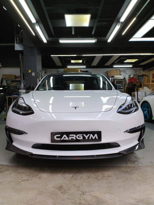 Tesla Model 3 Performance Long Range Standard Base 2017-2023 with Aftermarket Parts - V3 Style Front Lip Splitter Carbon Fiber / FRP from CMST Tuning