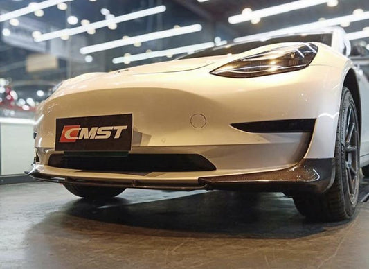 Tesla Model 3 Performance Long Range Standard Base 2017-2023 with Aftermarket Parts - V3 Style Front Lip Splitter Carbon Fiber / FRP from CMST Tuning