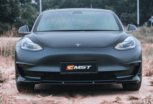 Tesla Model 3 Performance Long Range Standard Base 2017-2023 with Aftermarket Parts - V3 Style Front Lip Splitter Carbon Fiber / FRP from CMST Tuning