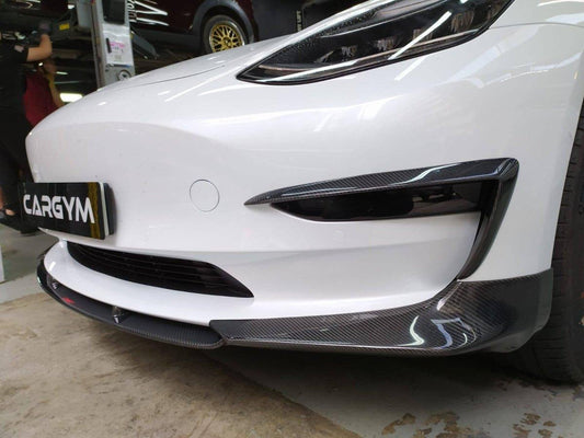 Tesla Model 3 Performance Long Range Standard Base 2017-2023 with Aftermarket Parts - V3 Style Front Lip Splitter Carbon Fiber / FRP from CMST Tuning