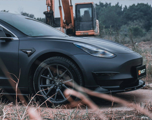 Tesla Model 3 Performance Long Range Standard Base 2017-2023 with Aftermarket Parts - V3 Style Front Lip Splitter Carbon Fiber / FRP from CMST Tuning