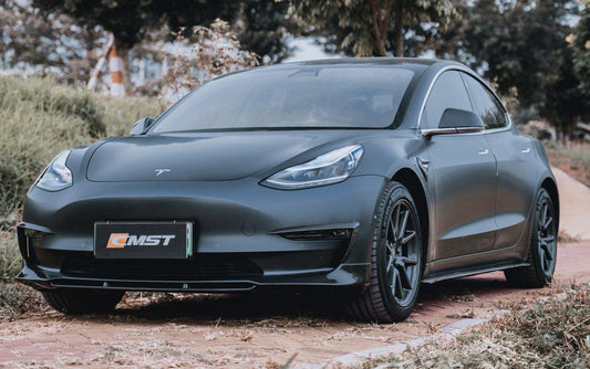 Tesla Model 3 Performance Long Range Standard Base 2017-2023 with Aftermarket Parts - V3 Style Front Lip Splitter Carbon Fiber / FRP from CMST Tuning