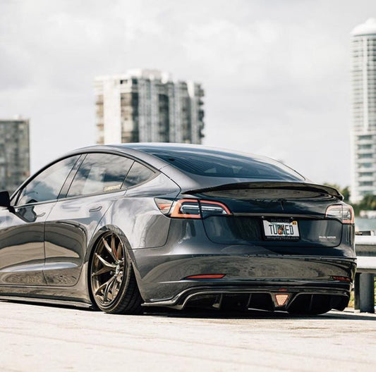 Tesla Model 3 Performance Long Range Standard Base 2017-2023 with Aftermarket Parts - V1 Style Rear Duck Bill Tail Spoiler Carbon Fiber / FRP from CMST Tuning