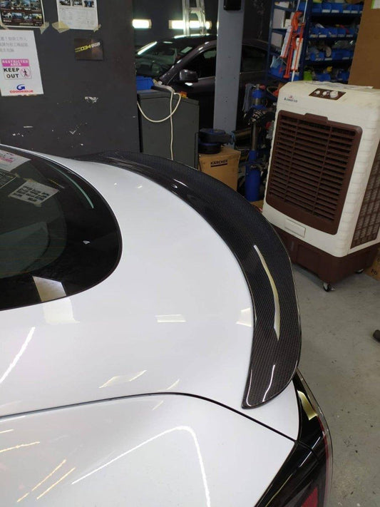 Tesla Model 3 Performance Long Range Standard Base 2017-2023 with Aftermarket Parts - V1 Style Rear Duck Bill Tail Spoiler Carbon Fiber / FRP from CMST Tuning