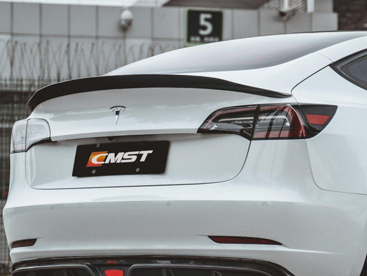 Tesla Model 3 Performance Long Range Standard Base 2017-2023 with Aftermarket Parts - V1 Style Rear Duck Bill Tail Spoiler Carbon Fiber / FRP from CMST Tuning