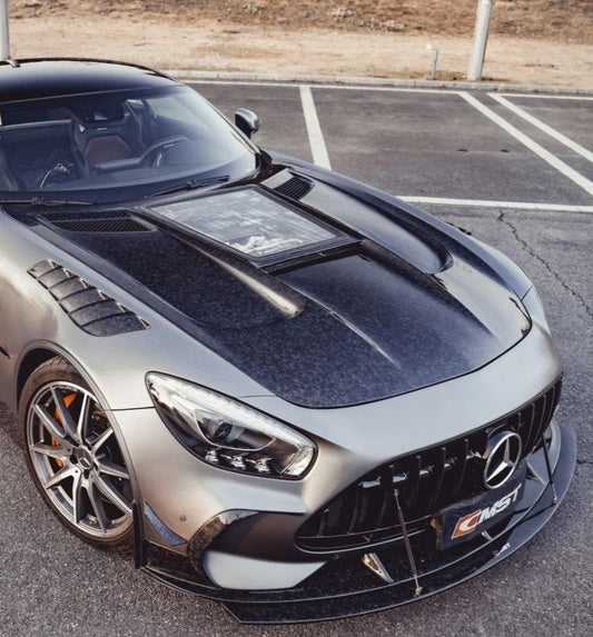 Mercedes Benz AMG GT GTS GTC GTR Pro Black Series C190 2016-2021 with Aftermarket Parts - Glass Clearview Style Vacuumed Carbon & FRP Hood Bonnet from CMST Tuning