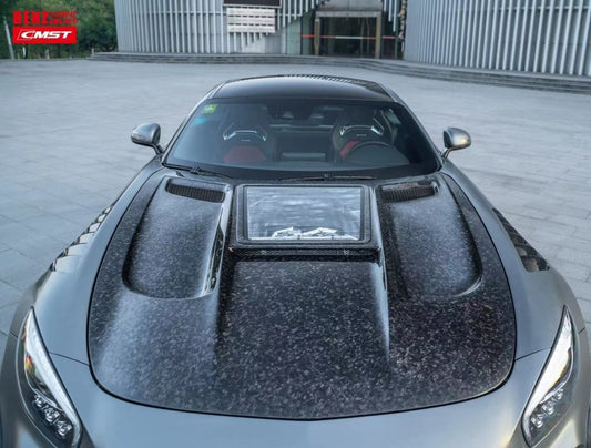 Mercedes Benz AMG GT GTS GTC GTR Pro Black Series C190 2016-2021 with Aftermarket Parts - Glass Clearview Style Vacuumed Carbon & FRP Hood Bonnet from CMST Tuning