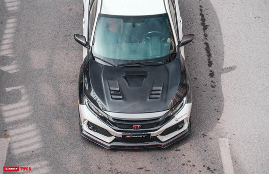 Honda Civic Type-R FK8 2017-2021 with Aftermarket Parts - V2 Vented Style Hood Bonnet Carbon Fiber / FRP from CMST Tuning